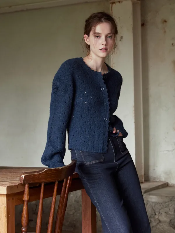 ELLIN ribbon punching knit cardigan_navy