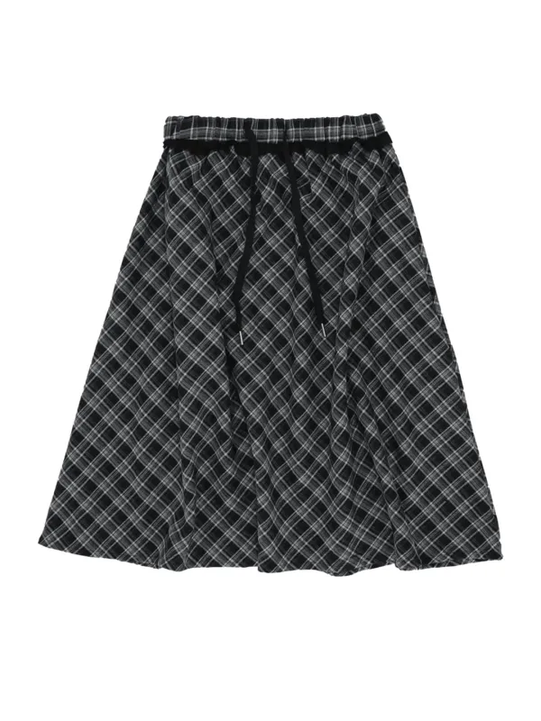 STRING CHECK MIDI SKIRT BLACK