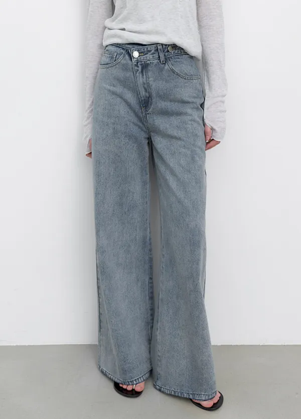 (PT-5796)TWO BUTTON UNBAL DENIM PANTS