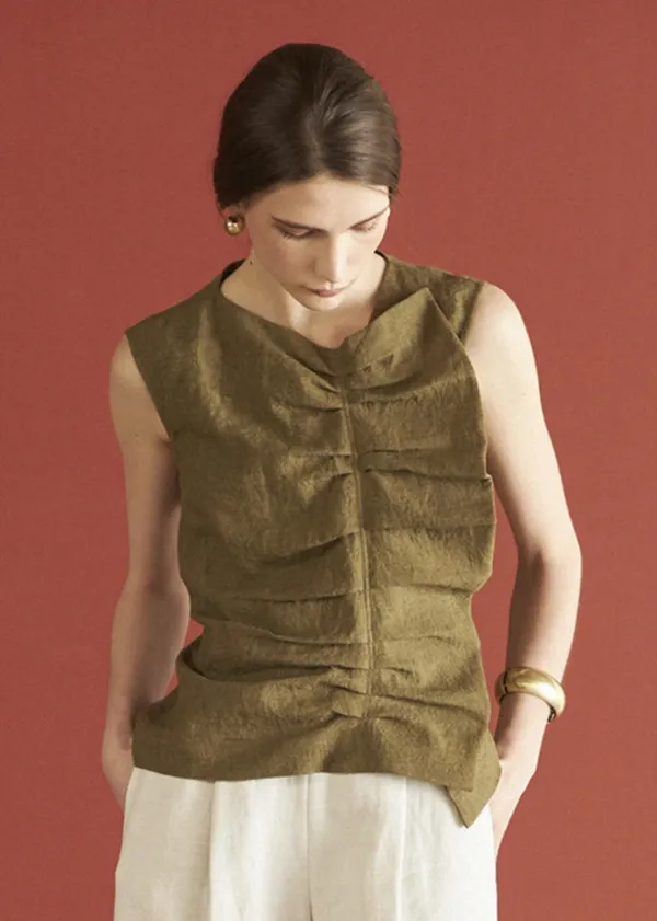 SHIRRING SLEEVELESS BLOUSE_KHAKI