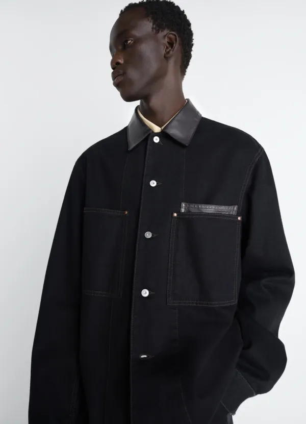 WORKWEAR OVERSHIRT WITH LEATHER COLLAR IN DENIM