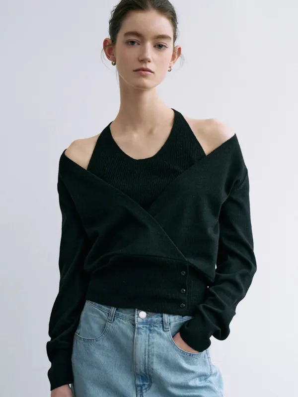 comos 1672 halterneck layered wrap knit (black)