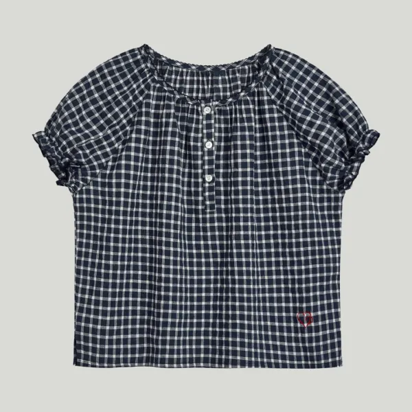 [4th Restock] checked puff sleeve blouse_navy