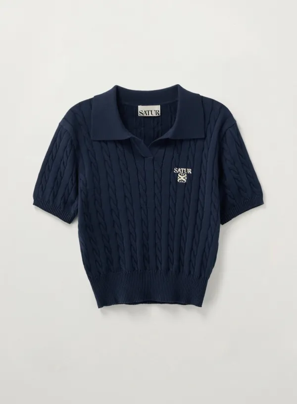 (W) Cable Collar Half Knit - Navy