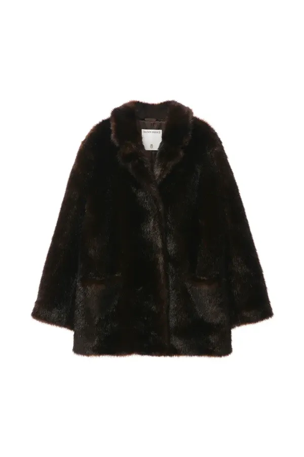 Notched Faux Fur Jacket, Dark Brown