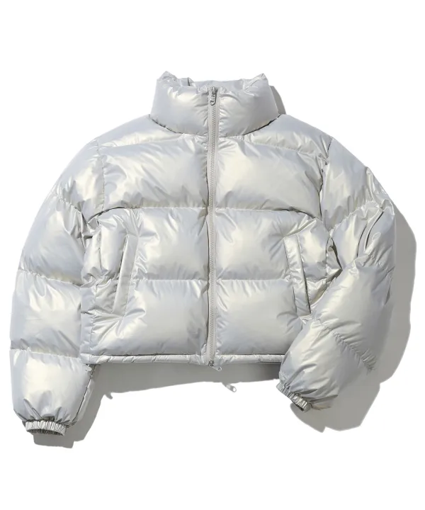 Glossy Crop Puffer Jacket-Silver