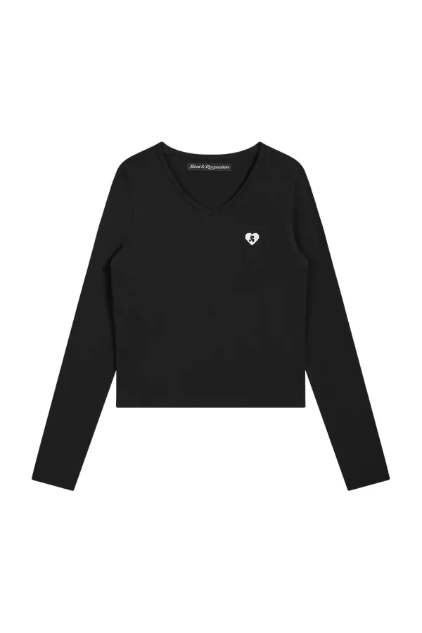 V-NECK HEART LOGO LONG SLEEVE - BLACK
