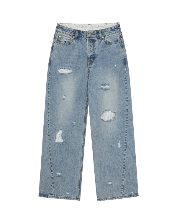 FLOWER PATCHWORK DENIM PANTS [LIGHT BLUE]