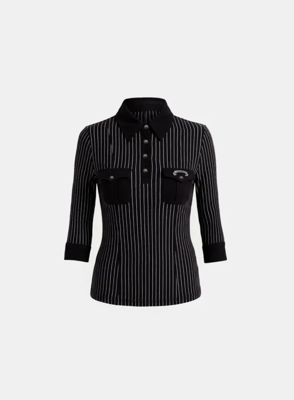 [w-tee26-108] Vintage Jersey Polo 3/4 Sleeve Shirt - Black Stripe
