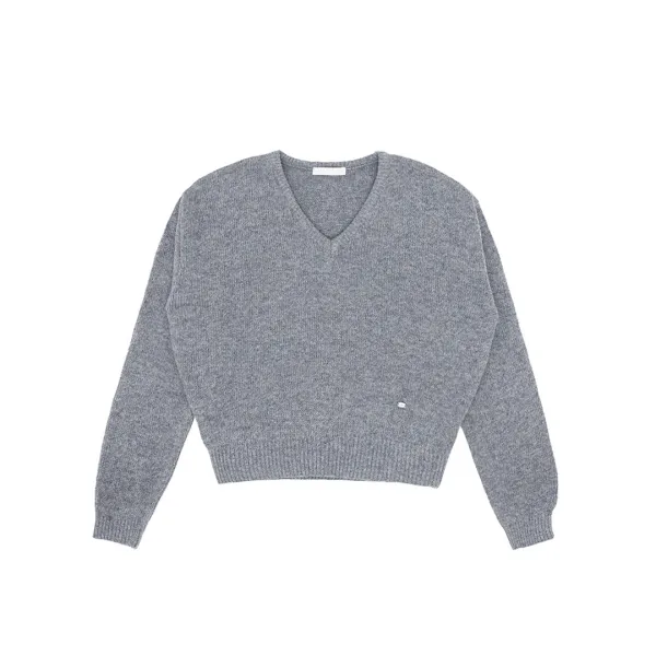 Wool V-Neck Knit Top (fuzzy charcoal)