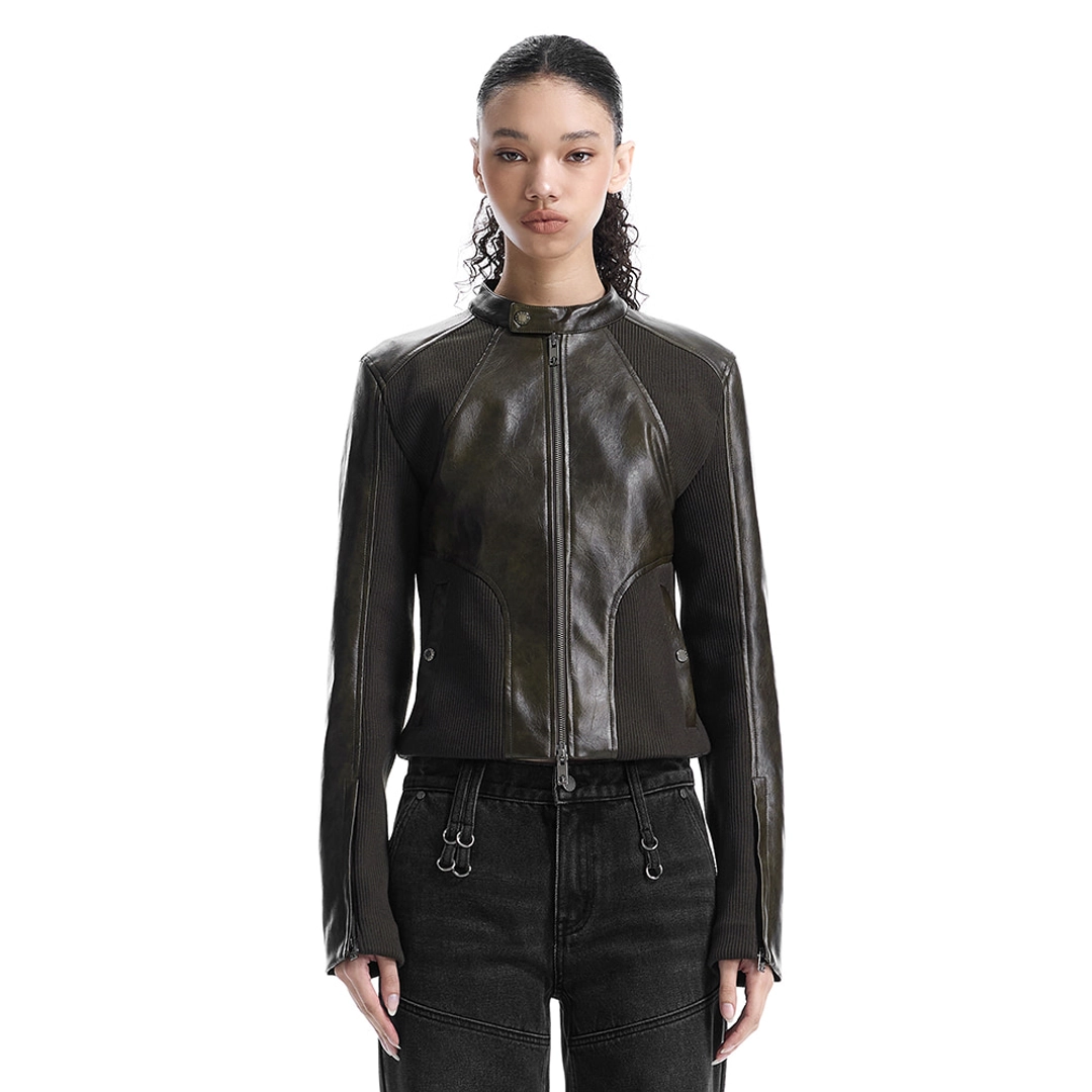 트리밍버드 Rib Pannel Slim Fit Leather Jacket [ Brown ] 상품 이미지 1