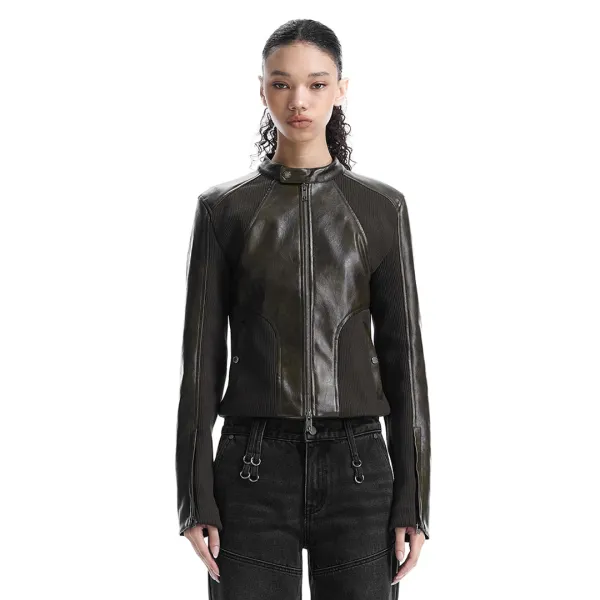 Rib Pannel Slim Fit Leather Jacket [ Brown ]
