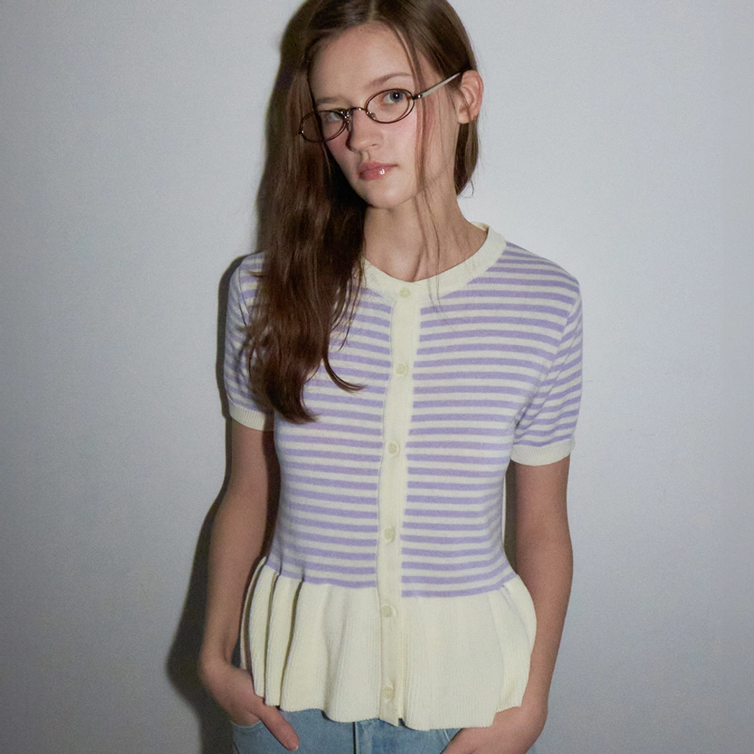 론론 RUFFLE SHORT SLEEVE KNIT CARDIGAN PURPLE CREAM 상품 이미지 2
