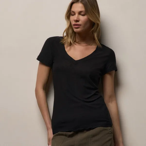 Sheer Slub V Neck - Black