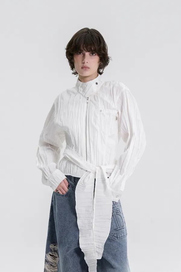 Crinkle Back Tie Set-up Shirt [ White ]