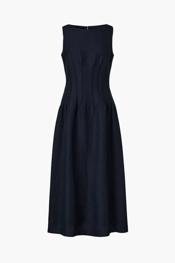 Linen Boat-Neck Pintucked Dress, Navy