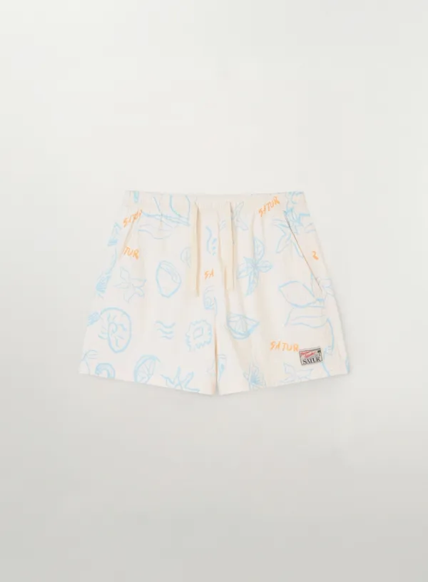 (W) Hand Drawing Graphic Swim Shorts - Cream
