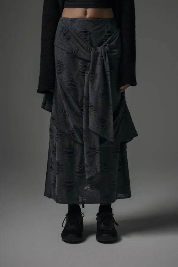 Strap Drape Damage Skirt [ Charcoal ]