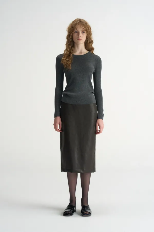 Soft Leather Midi Skirt_Brown