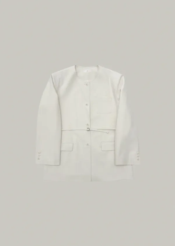 collarless belt jacket