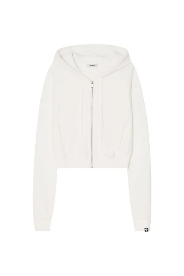 BASIC CROP WAFFLE ZIP-UP HOODIE (WHITE)