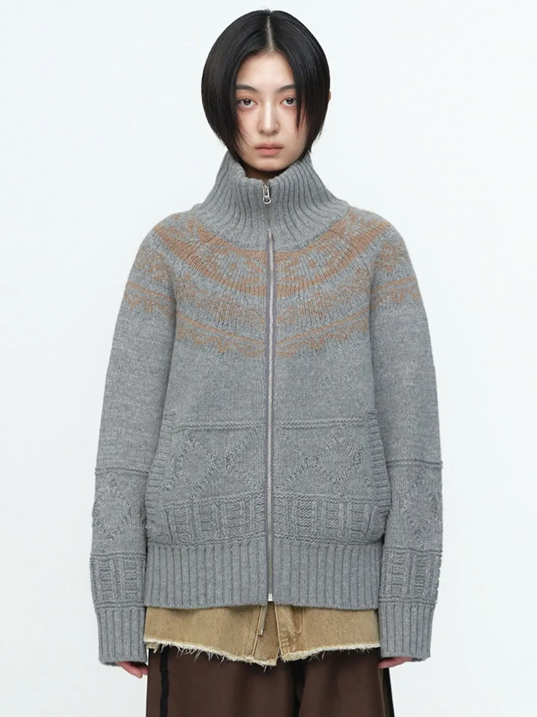 밀로 우먼 Turtleneck Cowichan Knit Zip-Up [Melange Gray] 상품 이미지 1