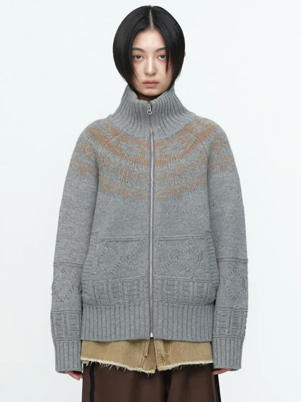 Turtleneck Cowichan Knit Zip-Up [Melange Gray]