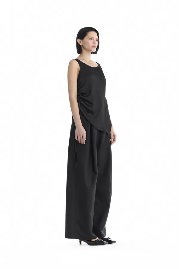 Satin Side-Drawstring Sleeveless Top [ Black ]