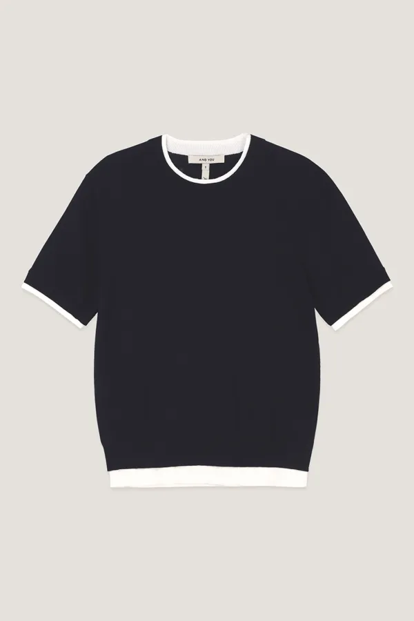 캔들러 레이어드 라운드넥 반팔 니트 (Navy)