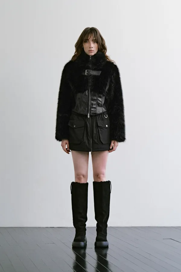 Buckle Cropped Fur Jacket [ Black ]