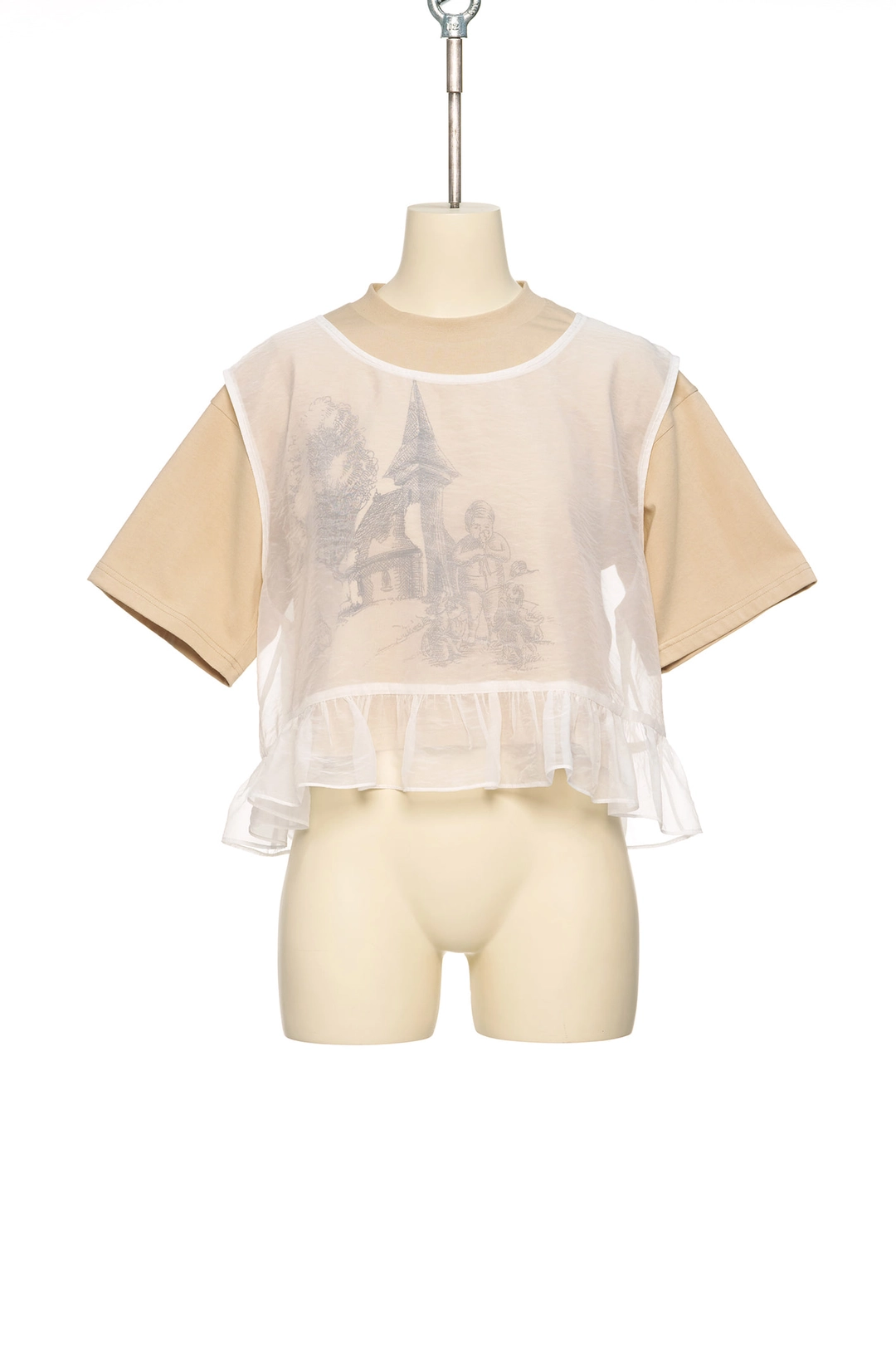 푸쉬버튼 PS26 BEIGE SHEER LAYERED CROP TOP 상품 이미지 1