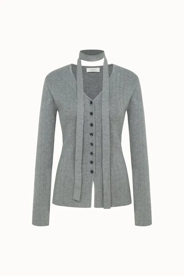 Scarf Ribbed Cardigan[LMBEAUKN285]-Gray