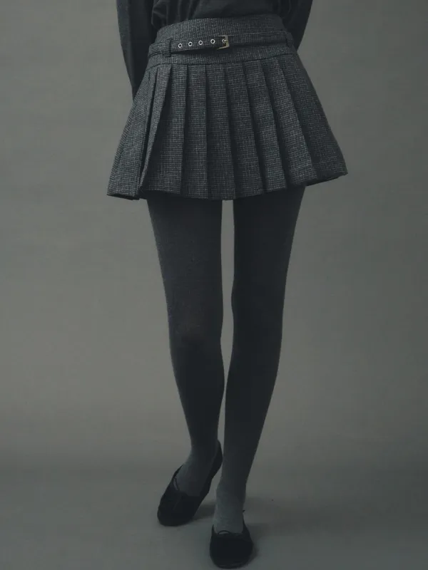 Belt Set Pleated Mini Skirt_Grey Check