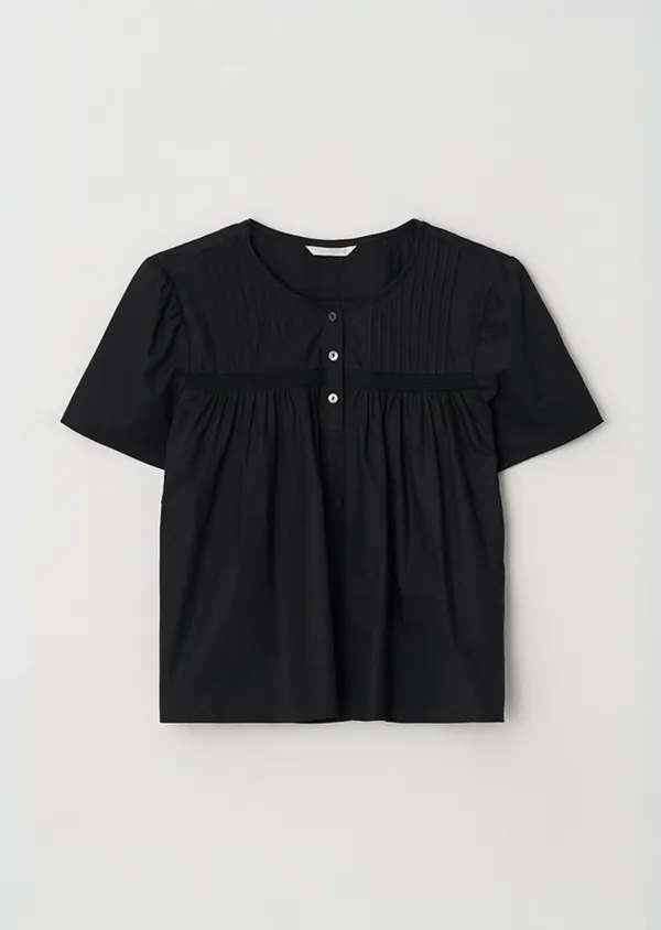 pleats shirring blouse-black