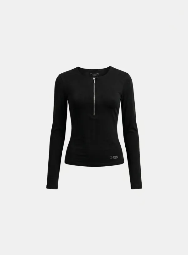[w-tee26-078] Everyday Zip Henley Long Sleeve T-Shirt - Black