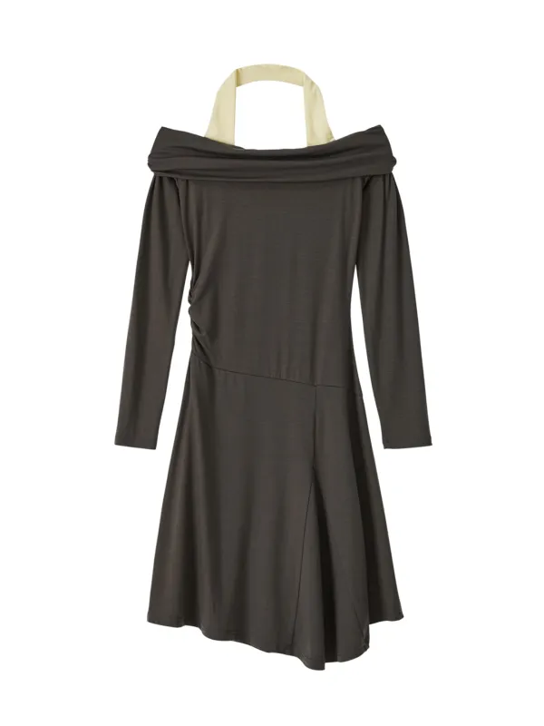 Halter Neck Jersey Dress_ Khaki Gray