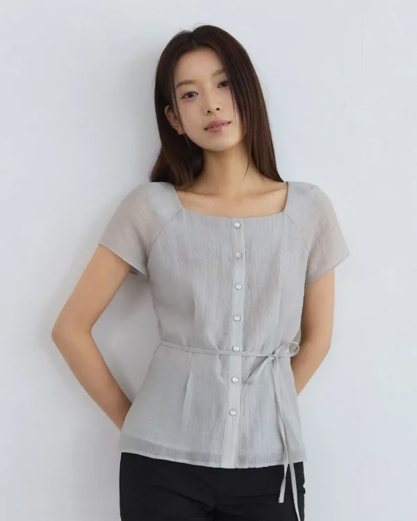 Square neck pintuck see through blouse - light grey