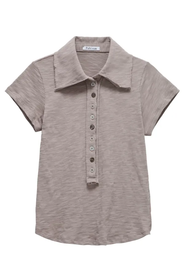 BUTTON COLLAR SLIM TEE_BEIGE