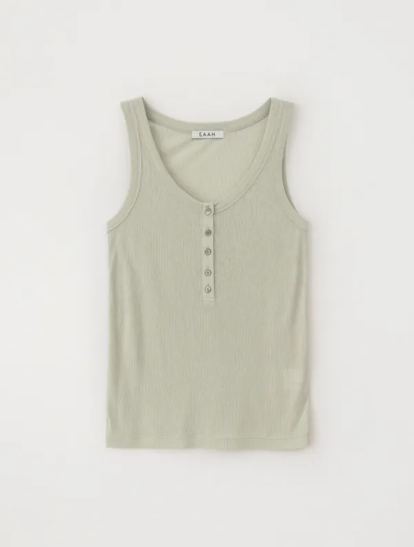 Henley Neck Sleeveless Top (Light Khaki)