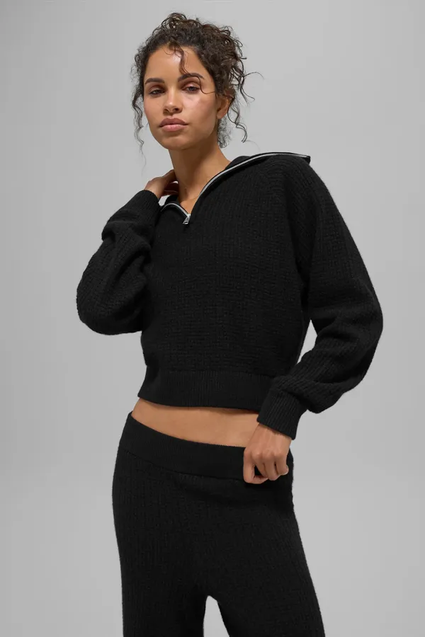 Cashmere Plush Waffle 1/4 Zip Pullover - Black