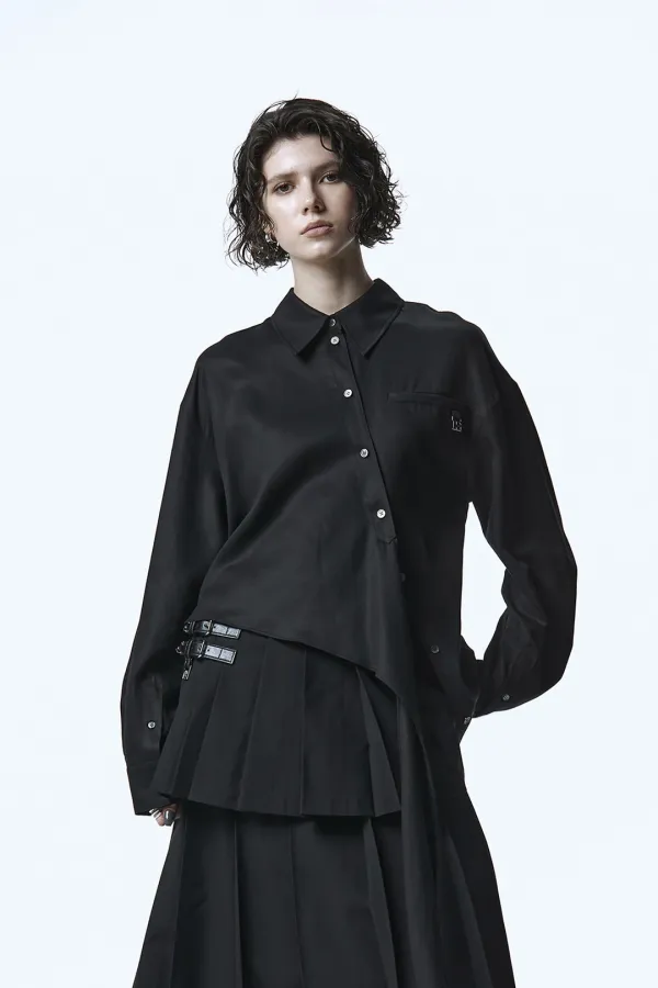 Asymmetric Wrap Tie Shirt [ Black ]
