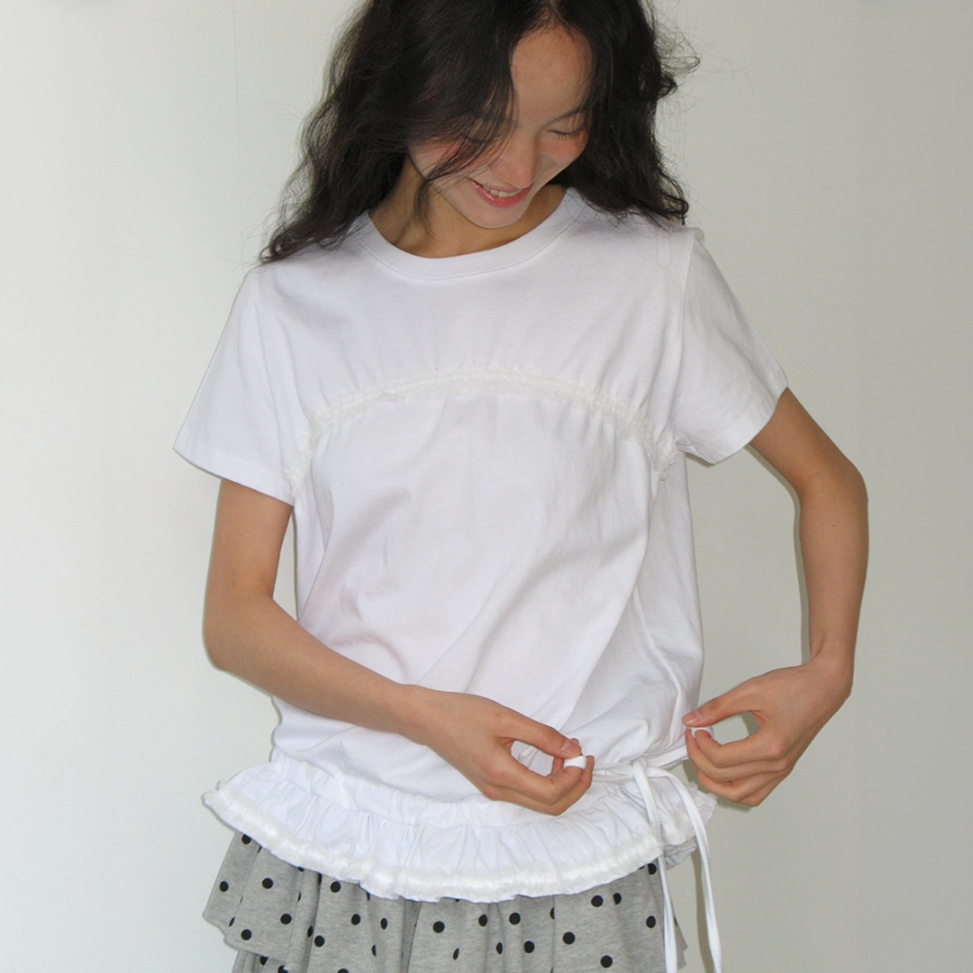 론론 FRILL SHIRRING SHORT SLEEVE T SHIRT WHITE 상품 이미지 2