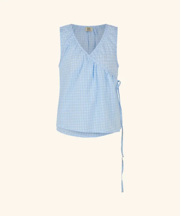 Timo Shirring Wrap Check Blouse (Sky Blue)