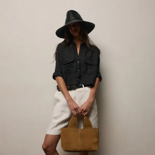 Linen Cropped Pocket Shirt - Black