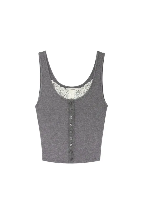 SCOOP NECK LACE TRIM SLEEVELESS TOP (CHARCOAL)