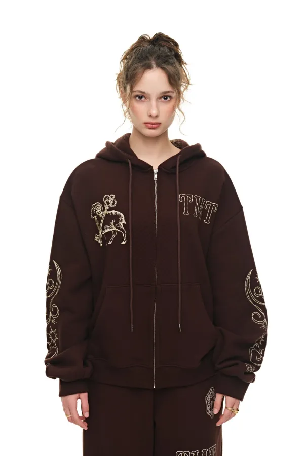 ORNAMENT 03 STITCH ZIP-UP HOODIE (BROWN)