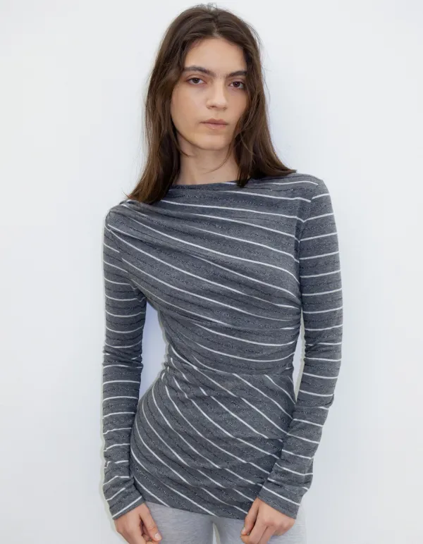 STRIPE RUCHED LONG JERSEY, GREY