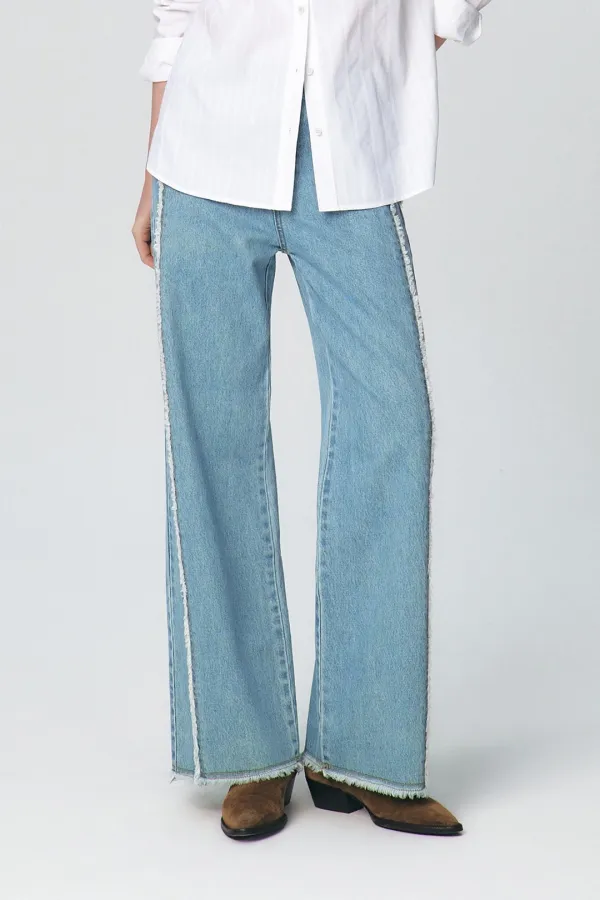 Side Frayed Wide Denim Pants, Light Blue