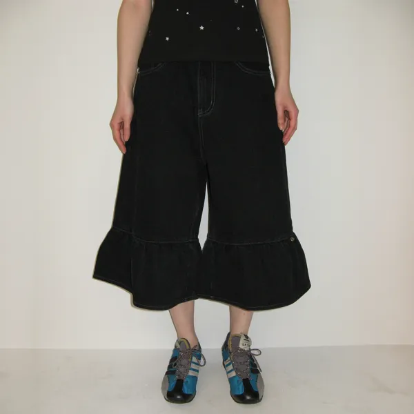 FLOUNCE HEM DENIM PANTS BLACK