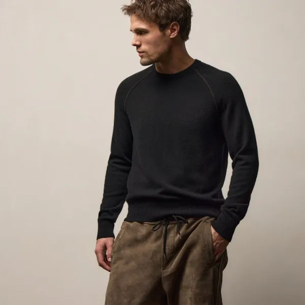 Italian Spun Cashmere Raglan Piped Crew - Black/Kona